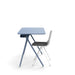 Blue modern office desk with grey chair on white background. (Sky)