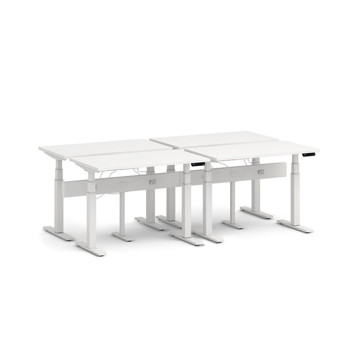 White adjustable standing desks with electronic controls on white background. (White-100&quot;)