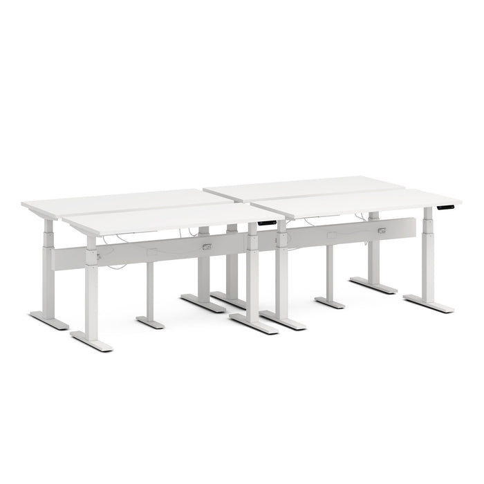 White adjustable-height modern office desks on a white background. (White-120&quot;)