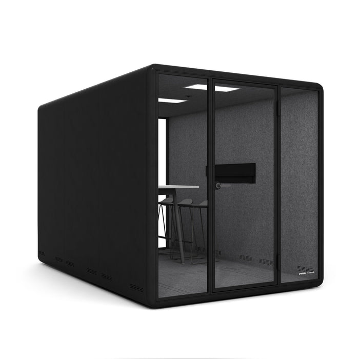 Modern office pod with glass door, desk and chair on white background. (Charcoal)