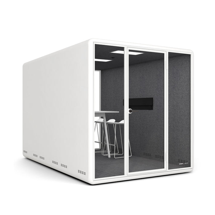 Modern office pod with glass doors, desk, and stools on white background. (White)