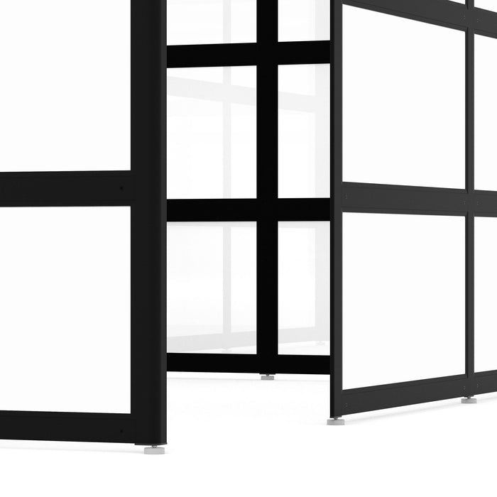 Black metal frame room divider with clear glass panels on white background. (Black-Private-White Glass)(Black-Semi-Private-White Glass)