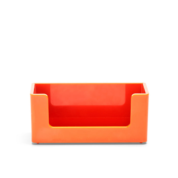 Orange plastic storage bin isolated on white background. (Orange)
