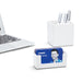 Modern desk with laptop, business card holder, and pen organizer on white background. (White)