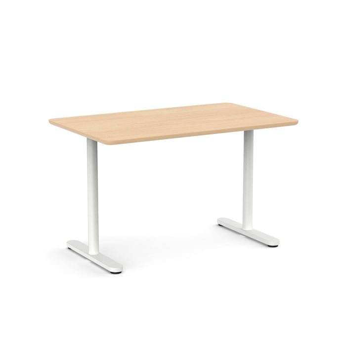 Modern wooden top desk with white metal legs on a white background. (Natural Oak-48&quot;)