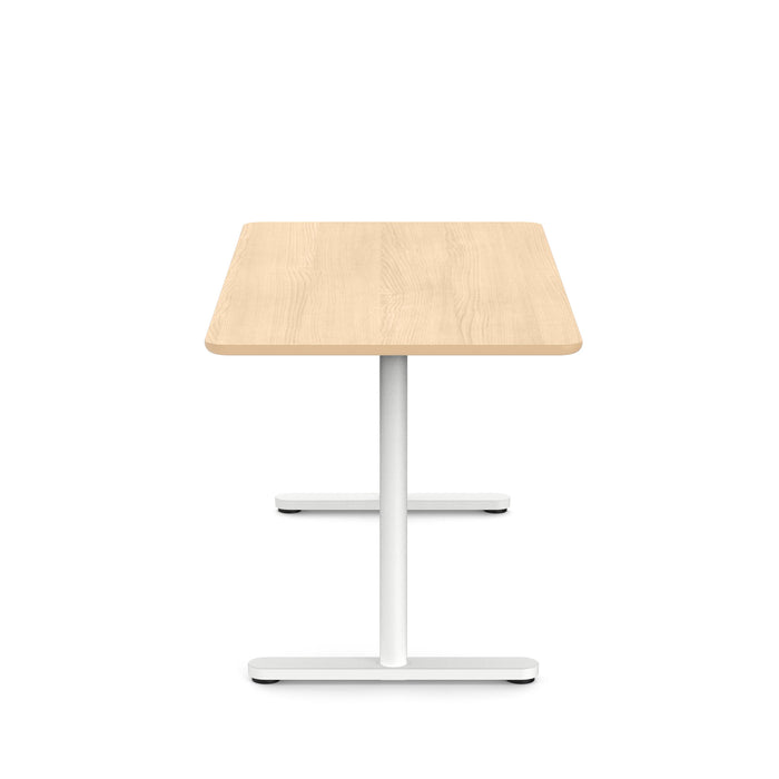 Modern minimalist wooden tabletop with white metal base on a white background. (Natural Oak-60&quot;)
