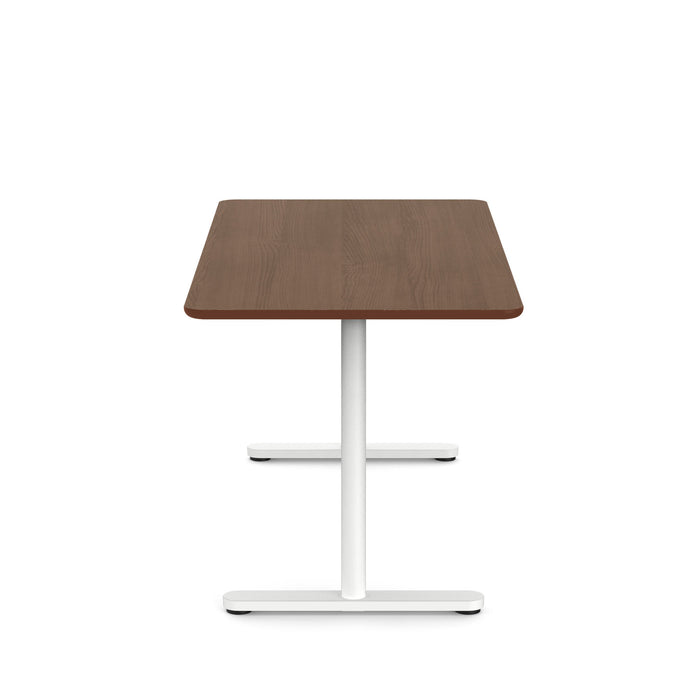 Modern square wooden table with white metal base on a white background. (Walnut-60&quot;)