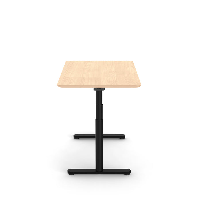 Adjustable modern standing desk with wooden top and black frame on white background. (Natural Oak-48&quot;)