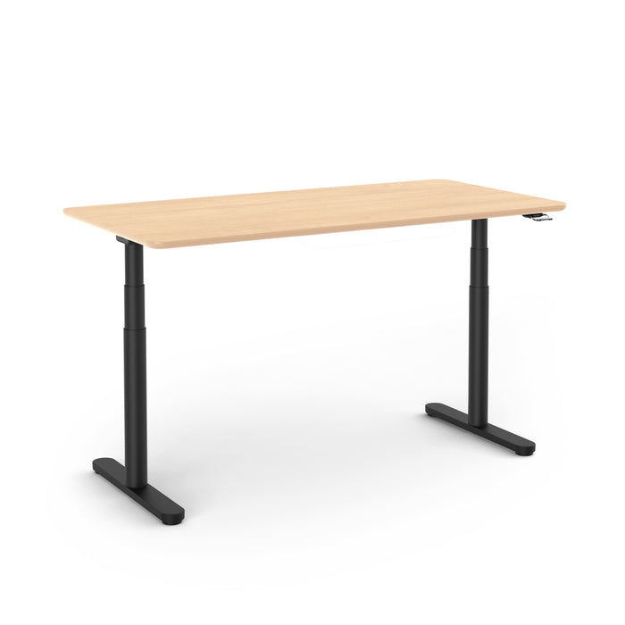 Adjustable standing desk with wooden top and black frame on white background. (Natural Oak-60&quot;)