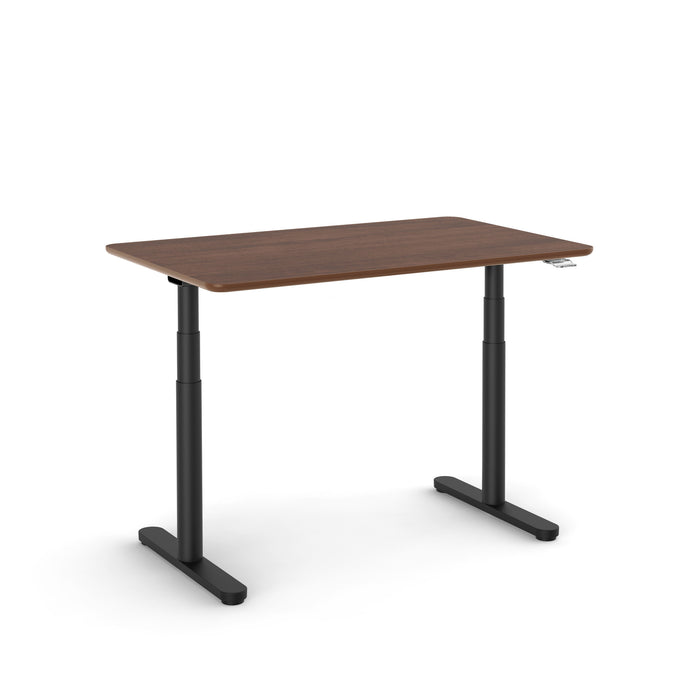 Adjustable height desk with dark brown top and black frame on white background. (Walnut-48&quot;)