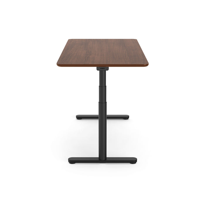 Adjustable height standing desk with wooden top and black base on a white background. (Walnut-60&quot;)