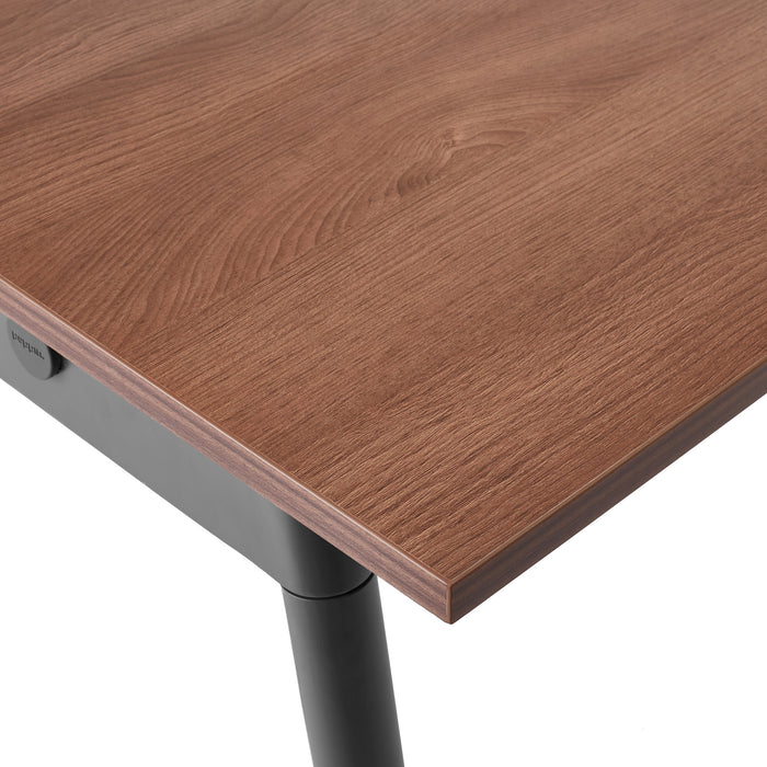Close-up view of a modern wooden desk with metal legs on a white background. (Walnut-72&quot; x 36&quot;)(Walnut-144&quot; x 36&quot;)
