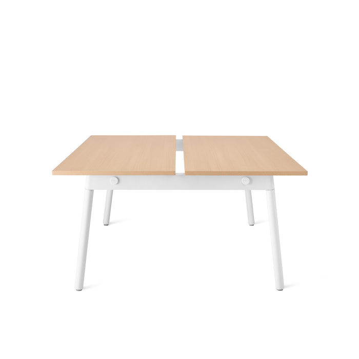 Modern two-panel wooden desk with white legs on a white background. (Natural Oak-47&quot;)