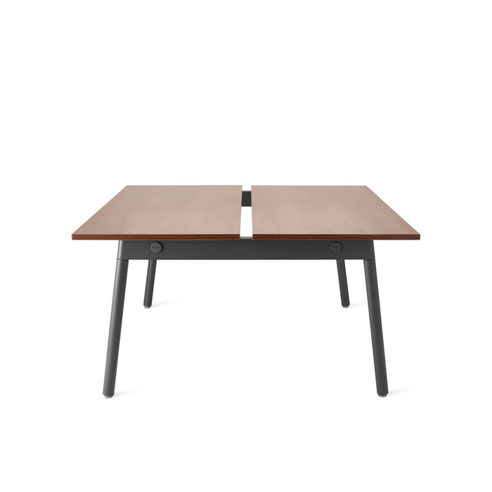 Modern extendable wooden table with black metal legs on a white background. (Walnut-47&quot;)