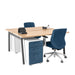 Modern office desk with blue chairs, wooden top, and desktop organizer on white background. (Natural Oak-57&quot;)