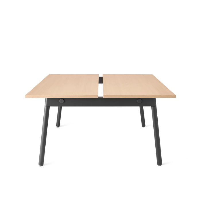 Modern expandable light wood table with black metal legs on white background. (Natural Oak-57&quot;)