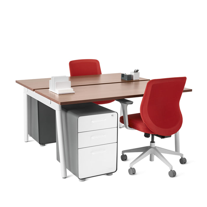 Modern office desk with red chair, white filing cabinet, and desk accessories on a white background. (Walnut-57&quot;)