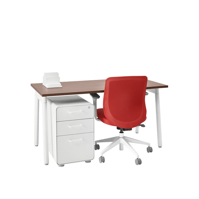 Modern office desk with white filing cabinet and red rolling chair on white background. (Walnut-57")