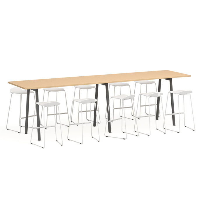 Modern conference table with white chairs on white background. (Natural Oak-144&quot; x 36&quot;)