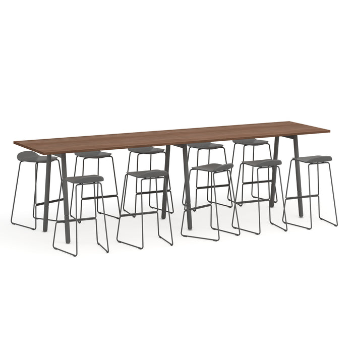 Wooden bar table with modern metal stools on white background. (Walnut-144&quot; x 36&quot;)