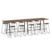 Wooden bar table with modern metal stools on white background. (Walnut-144&quot; x 36&quot;)