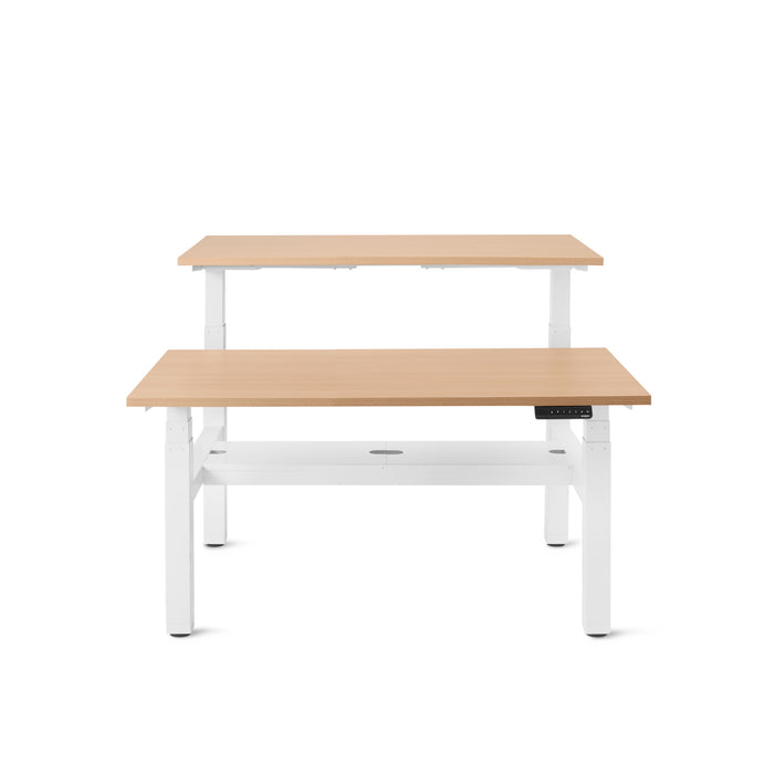 Dual-tier wooden standing desk with white frame on a white background. (Natural Oak-47&quot;)
