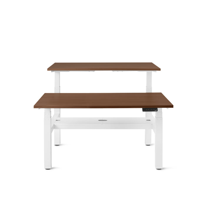 Modern height-adjustable desk with white frame and two brown tabletops. (Walnut-47&quot;)