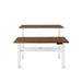 Modern height-adjustable desk with white frame and two brown tabletops. (Walnut-47&quot;)