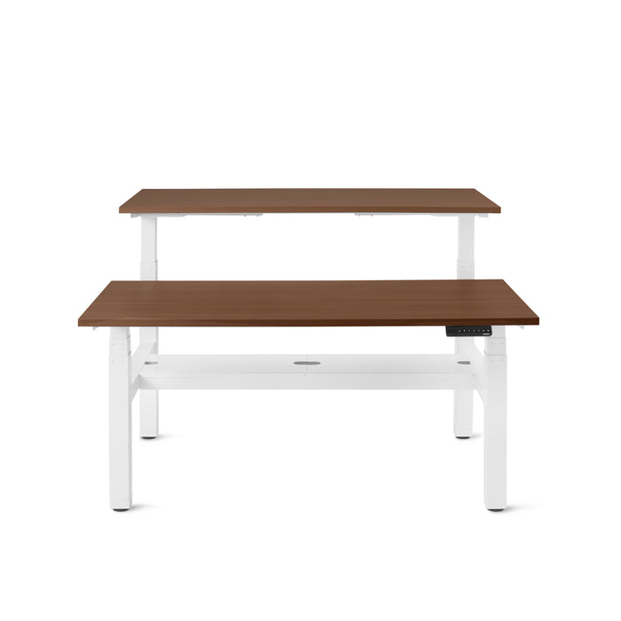 Brown and white height-adjustable standing desk on a white background. (Walnut-57&quot;)
