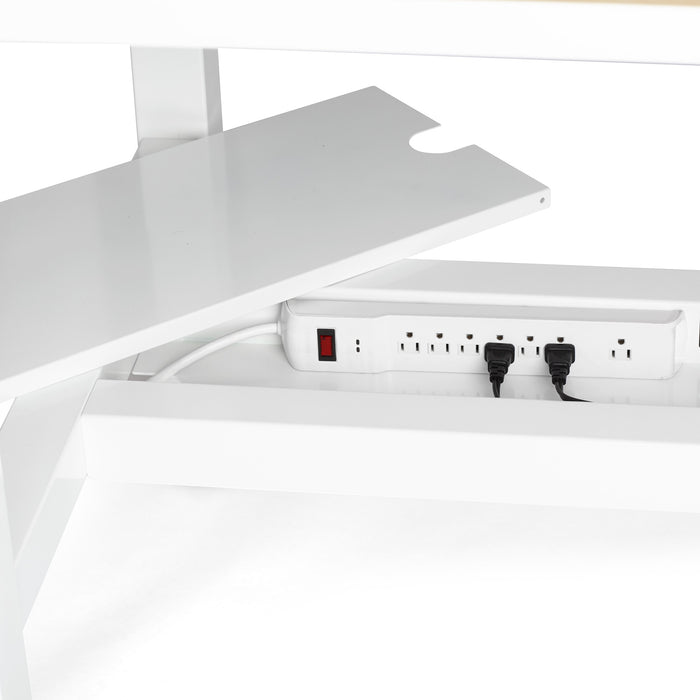 Built-in power strip on modern white desk with cable management features. (White-57&quot;)(White-47&quot;)