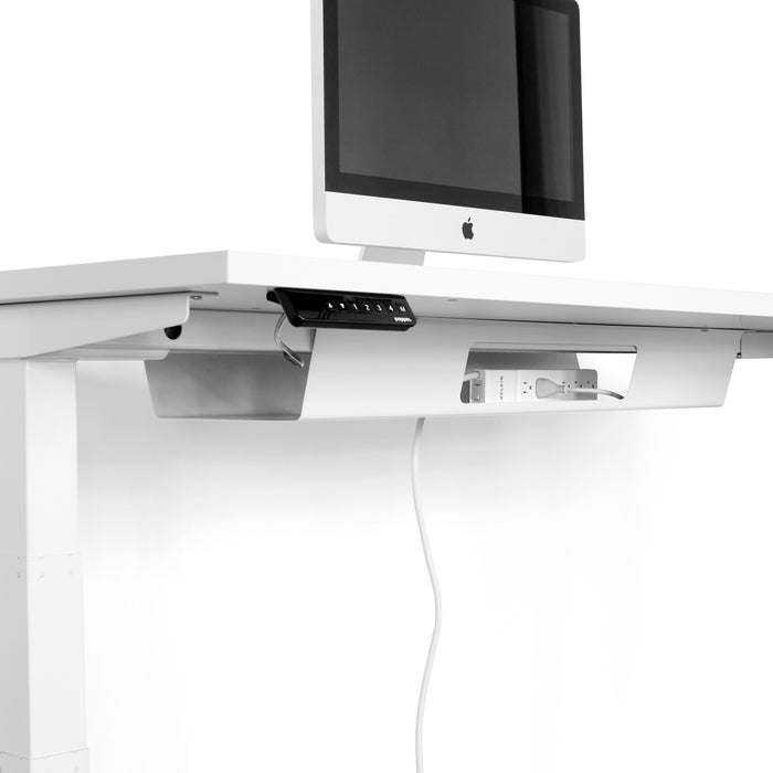 Modern minimalist desk setup with iMac computer and under-desk cable management in a black and white office. (White-57&quot;)(White-47&quot;)