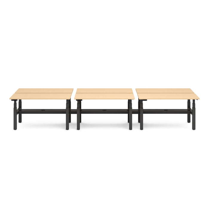 Three modern beige office desks in a row with black legs on white background. (Natural Oak-47&quot;)