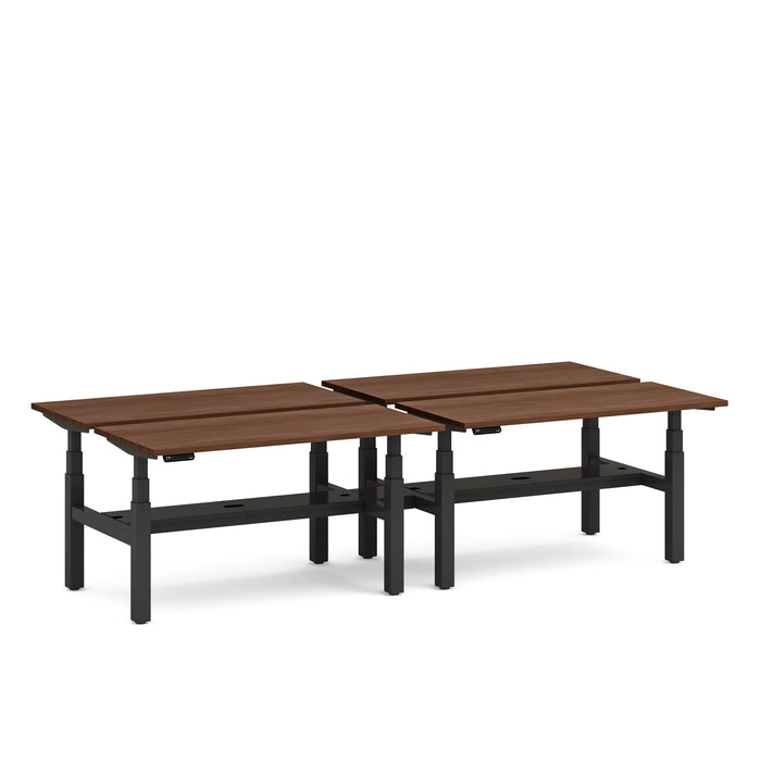 Modular wooden tables with black metal legs on a white background. (Walnut-57&quot;)