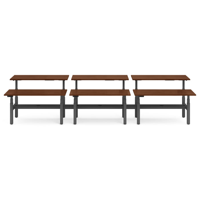 Three wooden picnic tables with metal frames on white background. (Walnut-60&quot;)