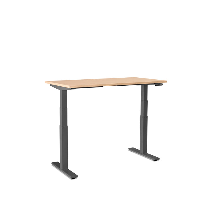 Adjustable height standing desk with wooden top and black frame on white background. (Natural Oak-47&quot;)