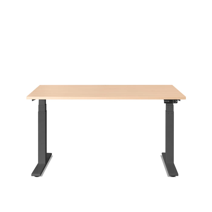 Adjustable height standing desk with wooden top and black frame on a white background. (Natural Oak-47&quot;)