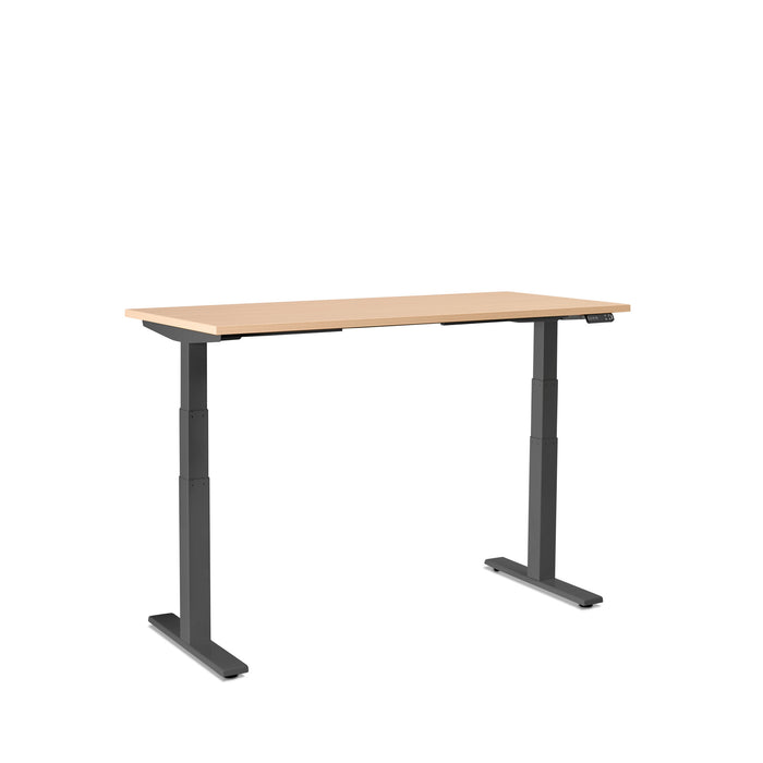 Modern adjustable height desk with wooden top and black frame on white background. (Natural Oak-57&quot;)