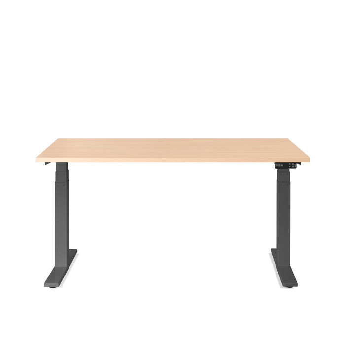Adjustable-height desk with black frame and light wood tabletop on a white background. (Natural Oak-57&quot;)