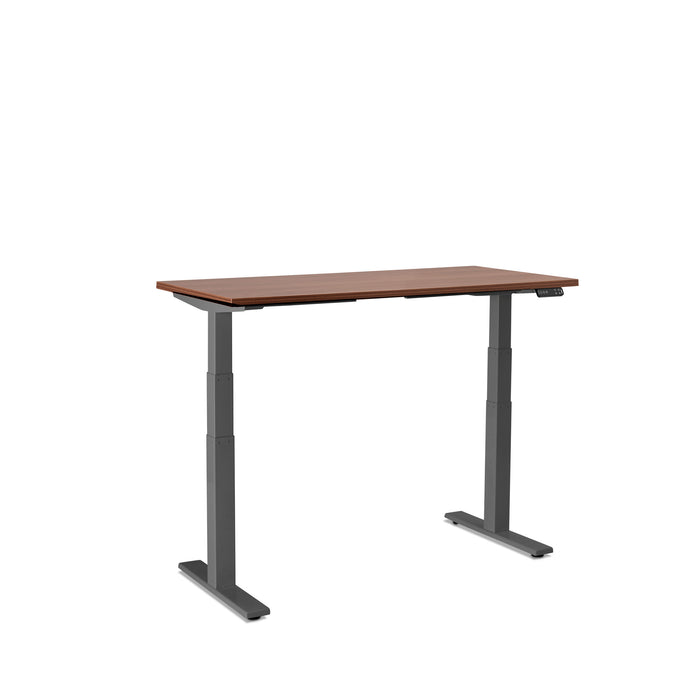 Adjustable standing desk with brown top and gray frame on white background. (Walnut-47&quot;)