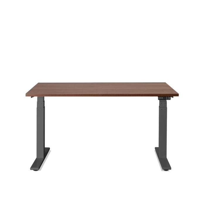 Adjustable height desk with a brown tabletop and black legs on a white background. (Walnut-47&quot;)