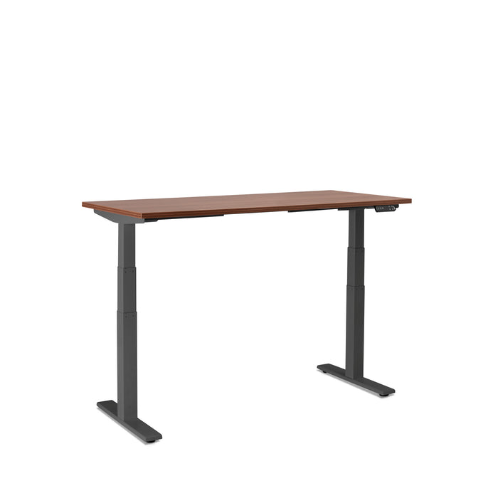 Adjustable height desk with brown top and black frame on white background. (Walnut-57&quot;)