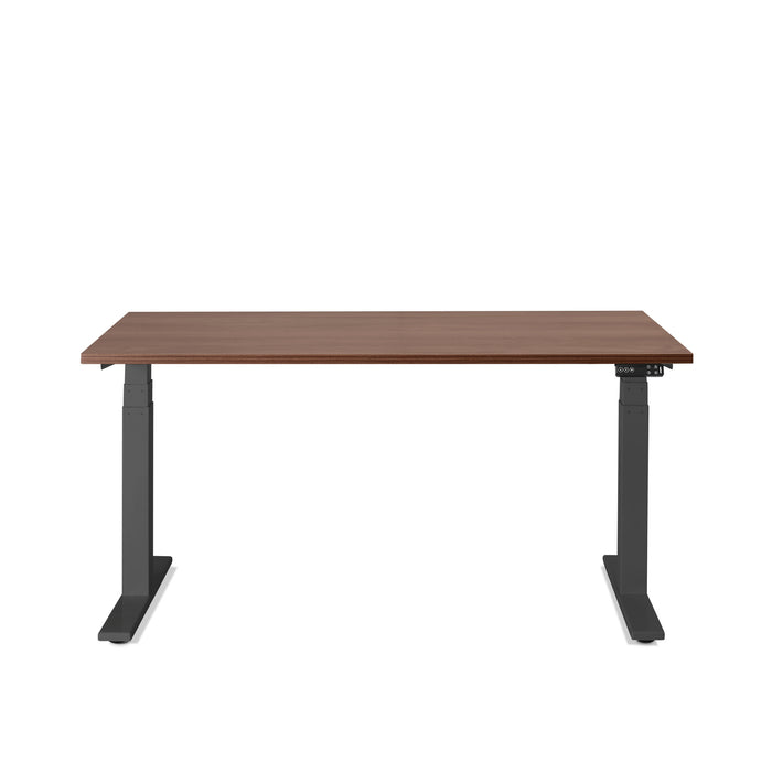 Adjustable height modern desk with walnut finish and black frame on white background. (Walnut-57&quot;)
