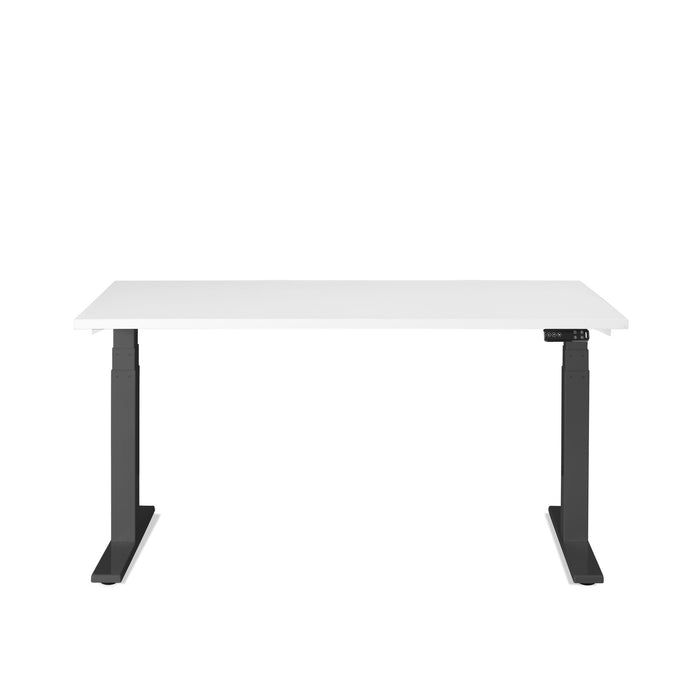 Modern white adjustable standing desk with black legs on a white background. (White-57&quot;)