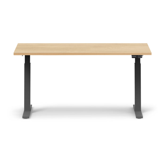 Modern adjustable standing desk with wooden top and black frame on a white background. (Natural Oak-60&quot;)