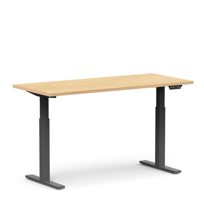 Modern adjustable-height desk with wooden top and black legs on white background. (Natural Oak-60&quot;)