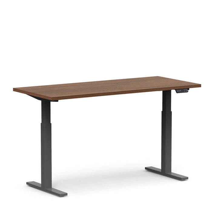 Adjustable height modern standing desk with wooden top and black frame. (Walnut-60&quot;)