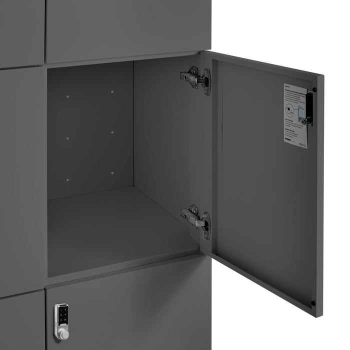 Gray metal storage cabinet with open empty compartment and combination lock. (Charcoal)