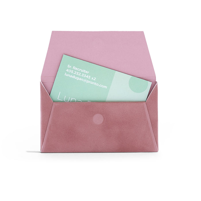 Pink business card holder with a mint green card visible on white background. (Dusty Rose)