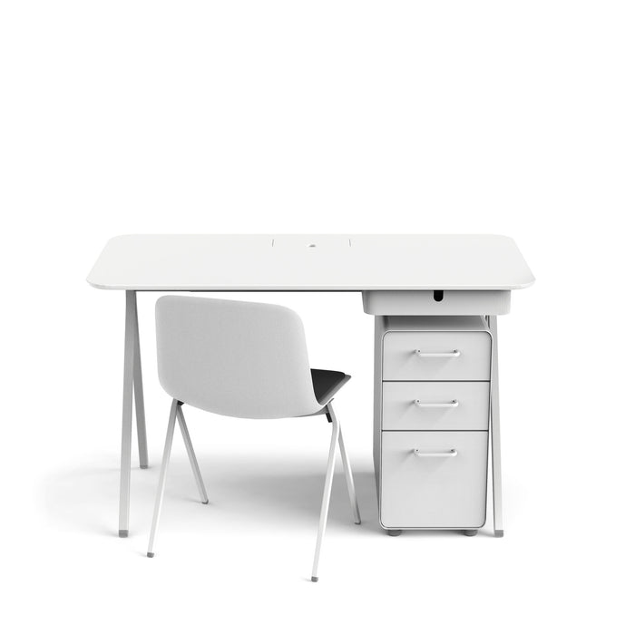 Modern white office desk with drawers and gray chair on a white background. (White)