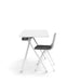 Modern white desk with metal legs and gray chair on white background. (White)